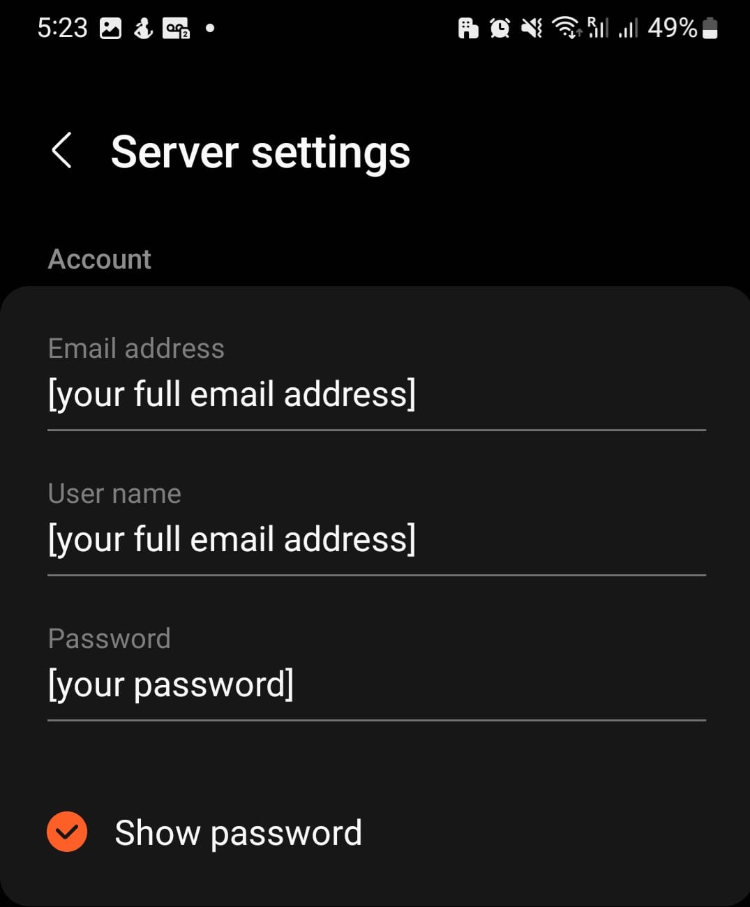 Samsung email app server account settings
