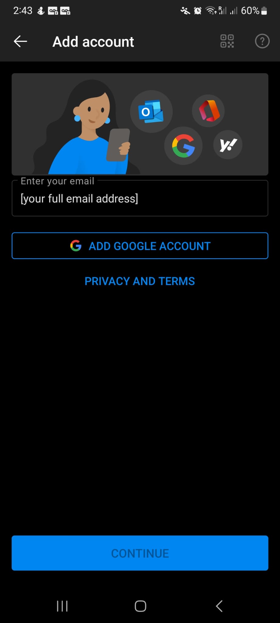 Samsung email app set up screen
