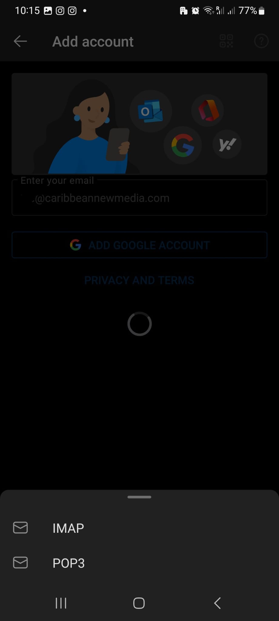 Samsung email app account type